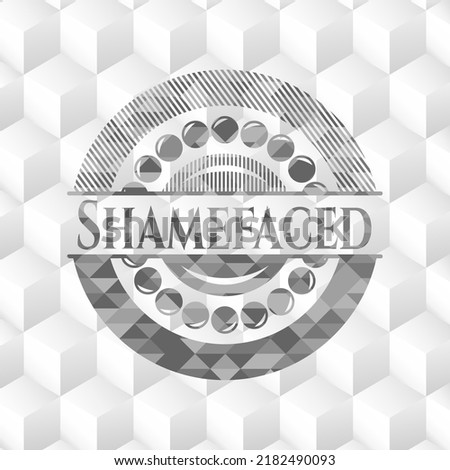 Shamefaced grey badge with geometric cube white background. 