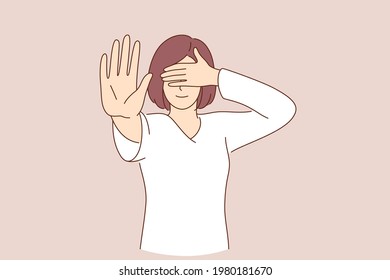 Shameful content and asking not to show concept. Portrait of confused girl in white shirt covering eyes with hand and showing stop gesture, feeling afraid to look vector illustration 