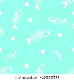 shameless white Fishbone doodle cartoon style icon pattern on surfgreen,cyan background vector use for wall decoration and website. pet shop and gaming background