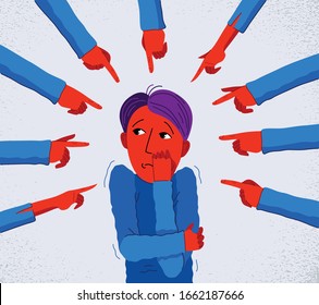 Shaming and blaming vector concept, hand pointing finger on young man feeling uncomfortable and scared, discrimination problem of cruel and intolerant behavior in social groups.