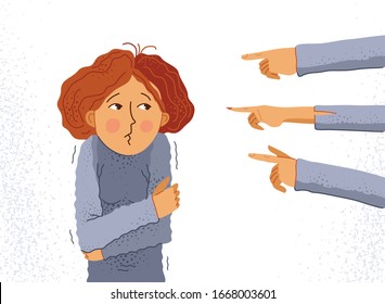 Shaming and blaming vector concept, hand pointing finger on young girl woman feeling uncomfortable and scared, discrimination problem of cruel and intolerant behavior in social groups.