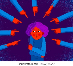 Shaming and blaming vector concept, hand pointing finger on young girl woman feeling uncomfortable and scared, discrimination problem of cruel and intolerant behavior in social groups.