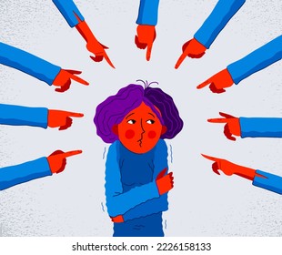 Shaming and blaming vector concept, hand pointing finger on young girl woman feeling uncomfortable and scared, discrimination problem of cruel and intolerant behavior in social groups.