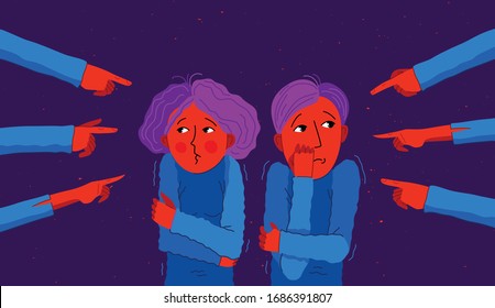 Shaming and blaming vector concept, hands pointing finger on young couple feeling uncomfortable and scared, discrimination problem of cruel and intolerant behavior in social groups.