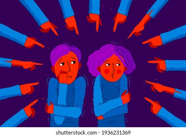 Shaming and blaming vector concept, hands pointing finger on young couple feeling uncomfortable and scared, discrimination problem of cruel and intolerant behavior in social groups.