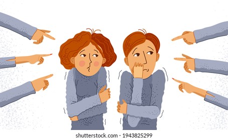 Shaming and blaming vector concept, hands pointing finger on young couple feeling uncomfortable and scared, discrimination problem of cruel and intolerant behavior in social groups.
