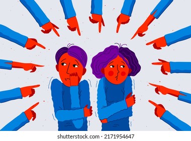 Shaming and blaming vector concept, hands pointing finger on young couple feeling uncomfortable and scared, discrimination problem of cruel and intolerant behavior in social groups.