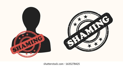 Shaming - person is labelled by rubber stamp. Negative labelling as toll of humilation, aggression and offensive insult. Vector illustration.