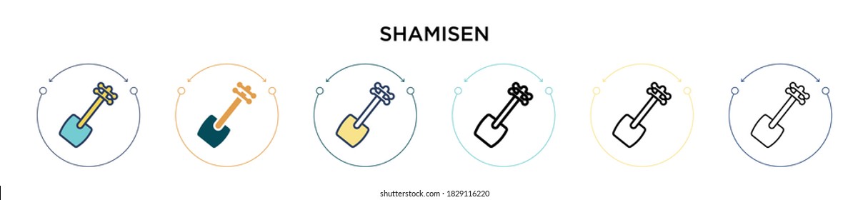 Shamisen icon in filled, thin line, outline and stroke style. Vector illustration of two colored and black shamisen vector icons designs can be used for mobile, ui, web