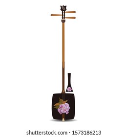 Shamisen, vector illustration isolated on white background. Japanese plucked string musical instrument decorated with sakura blossom branch.