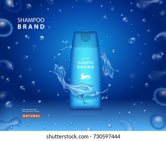 Shampoo ads blue template. Design moisturizing cosmetics product, advertising with drops and splash.