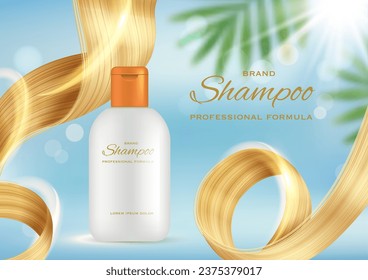 Shampoo ads. Realistic poster with illustration of protective hair with shine effects decent vector package design template