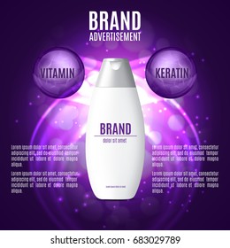 Shampoo ads template. Realistic cosmetic bottle for shampoo, lotion or foam on a blue glitter background. Premium cosmetic design for ads or magazine. 3d illustration. EPS10 vector