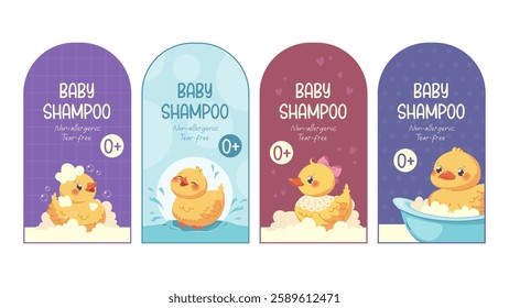 Shampoo and baby shower labels. Design for packaging of baby care products. Vector cartoon template