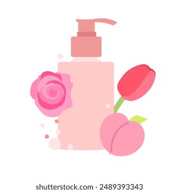 Shampoo banner. Flowers background. Flat style. Vector icons.
