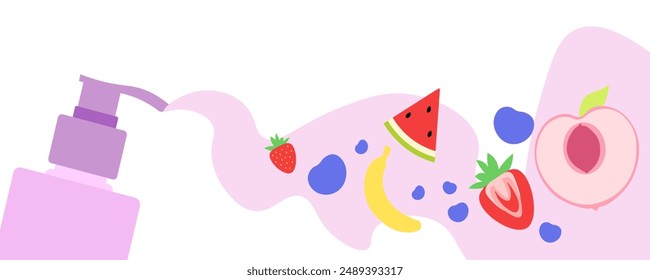 Shampoo banner. Fruits background. Flat style. Vector icons.