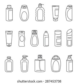 Shampoo and Bath Lotion Bottles. Set of Outline Icons. Different types of shampoo bottles. Smartly grouped.