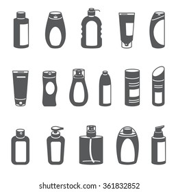 Shampoo and Bath Lotion Bottles. Set of Black Icons.
Different types of shampoo bottles. Smartly grouped.
