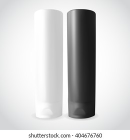 Shampoo black and white bottles isolated on white background. Cosmetic bottle for liquid, shampoo, bath foam. Beauty product package, mock up.