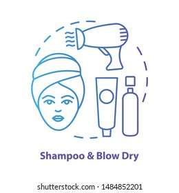 Shampoo and blow dry blue concept icon. Hair care, treatment products idea thin line illustration. Hairdresser salon, hairstylist parlor. Blue gradient vector isolated outline drawing. Editable stroke