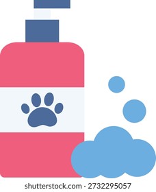 Um frasco de champô acompanhado de uma impressão de pata, indicando um produto para higiene de animais de estimação.