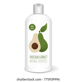 Shampoo bottle with avocado, white mockup, 3D design concept