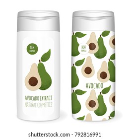 Shampoo bottle with avocado, white mockup, 3D design concept