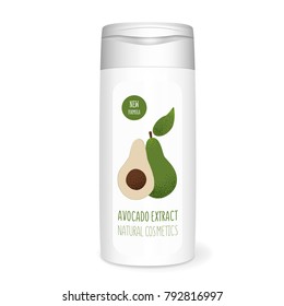 Shampoo bottle with avocado, white mockup, 3D design concept