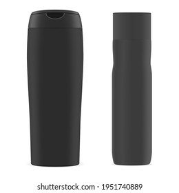 Shampoo bottle black mockup design. Cosmetic bottle pack, 3d vector container for moisturizer, protection oil. body gel packaging, skin care milk tube template. Realistic liquid hear cream