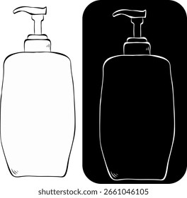 Diseño en blanco de la botella del champú. Logotipo aislado. Ilustración de tinta de línea gráfica de Vector. Plantilla de paquete de producto cosmético Tubo de plástico para jabón líquido, humectante de la piel, ducha o baño cosmético
