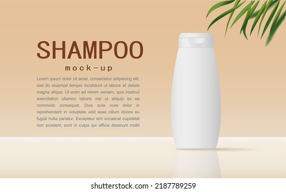 Shampoo bottle branding mockup, palstel beige background with palm leaves, copy space for advertisement. Vector template