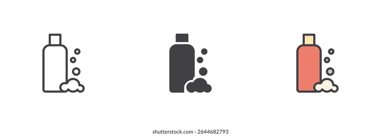Shampoo bottle with bubbles and cap icon in line, solid, and filled outline colorful styles. Vector hair care icon set and grooming product symbol for barbershop and hygiene.