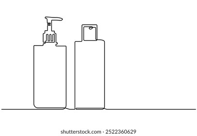 Shampoo garrafa contínua uma linha desenho vetor ilustração, desenho contínuo uma linha de garrafa cosmética com bomba. Ilustração de desenho de uma linha do frasco da bomba
