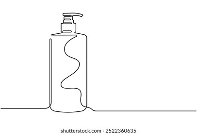 Shampoo bottle continuous one line drawing vector illustration, Continuous one line drawing of cosmetic bottle with pump. One line drawing illustration of pump bottle