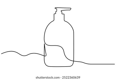 Shampoo bottle continuous one line drawing vector illustration, Continuous one line drawing of cosmetic bottle with pump. One line drawing illustration of pump bottle