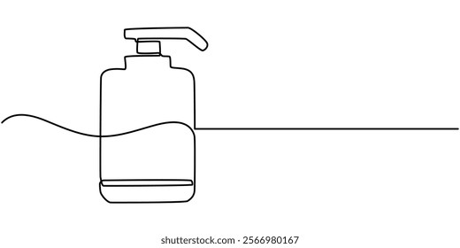 Shampoo bottle continuous one line drawing vector illustration, Moisturizer Continuous Line Illustration,  Continuous one line drawing of cosmetic bottle with pump. One line drawing illustration pro. 