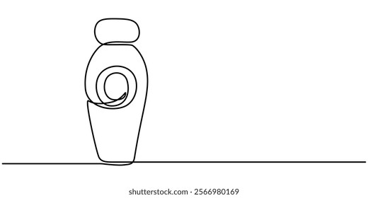 Shampoo bottle continuous one line drawing vector illustration, Moisturizer Continuous Line Illustration,  Continuous one line drawing of cosmetic bottle with pump. One line drawing illustration pro. 