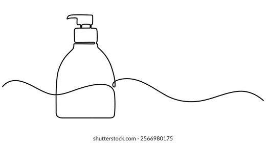 Shampoo bottle continuous one line drawing vector illustration, Moisturizer Continuous Line Illustration,  Continuous one line drawing of cosmetic bottle with pump. One line drawing illustration pro. 