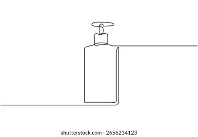 Shampoo bottle continuous one line drawing vector illustration, Continuous one line drawing of cosmetic bottle with pump,  Cosmetic concept one line. Editable outline.