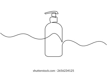 Shampoo bottle continuous one line drawing vector illustration, Continuous one line drawing of cosmetic bottle with pump,  Cosmetic concept one line. Editable outline.