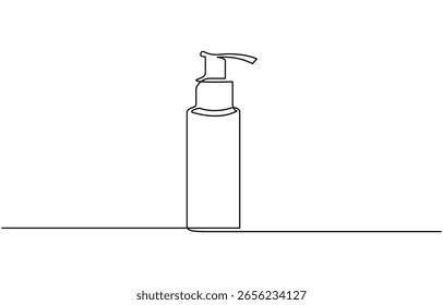Shampoo bottle continuous one line drawing vector illustration, Continuous one line drawing of cosmetic bottle with pump,  Cosmetic concept one line. Editable outline.