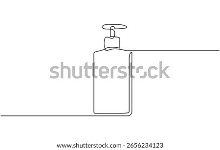 Shampoo bottle continuous one line drawing vector illustration, Continuous one line drawing of cosmetic bottle with pump,  Cosmetic concept one line. Editable outline.