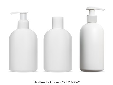 Shampoo bottle. Cosmetic lotion, gel, soap dispenser blank mockup, isolated. 3d vector design of plastic package for shower cream, bath product. Moisturizer template mock up, pump dispenser - Shutterstock ID 1917168062