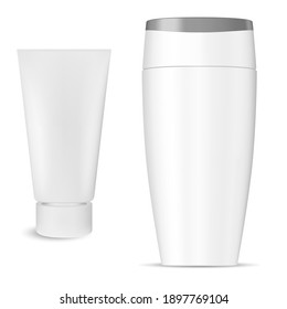 Shampoo bottle cosmetic package, cream tube product, isolated 3d vector. White plastic hair shampoo packaging mockup. Liquid lotion container with realistic creme or paste flexible tube concept