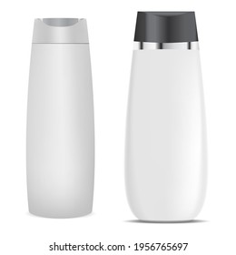 Shampoo bottle. Cosmetic product package mockup, isolated on white. Plastic jar for liquid soap, bath gel, bathroom hygiene template collection