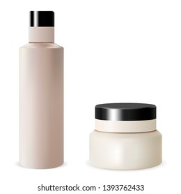Shampoo Bottle Cream Jar Set. Cosmetic Mockup Blank. Isolated Tubular Container. Cylinder Packaging Template. Round Bowl for Scrub, Butter, Facial Creme with Round Cap.