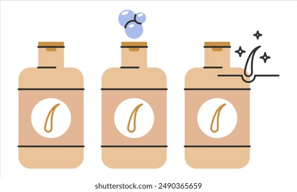 Shampoo bottle and foam outline icon set.Hair care,loss treatment, moisturizing,healthy roots,follicle,thin line symbol.Simple instructions for using.Editable Stroke.Vector illustration EPS 10