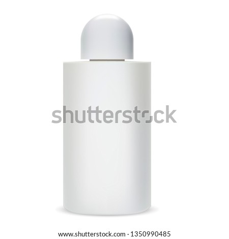 Shampoo Bottle. Glass or Plastic Cosmetic Package Mockup. Vector Isolated Body Lotion Container for Liquid Hair Gel, Perfume. Milk White Realistic Packaging with Round Lid. Merchandise Collection.