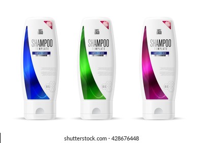 Shampoo bottle. Hair wash and care female cosmetics product. Professional series. Branding container template illustration. Vector shampoo bottle mockup set. Beauty and hygiene merchandise 
