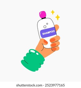 Shampoo bottle held by hand in flat vector illustration symbolizing hair care, personal grooming, and beauty product, isolated on white background